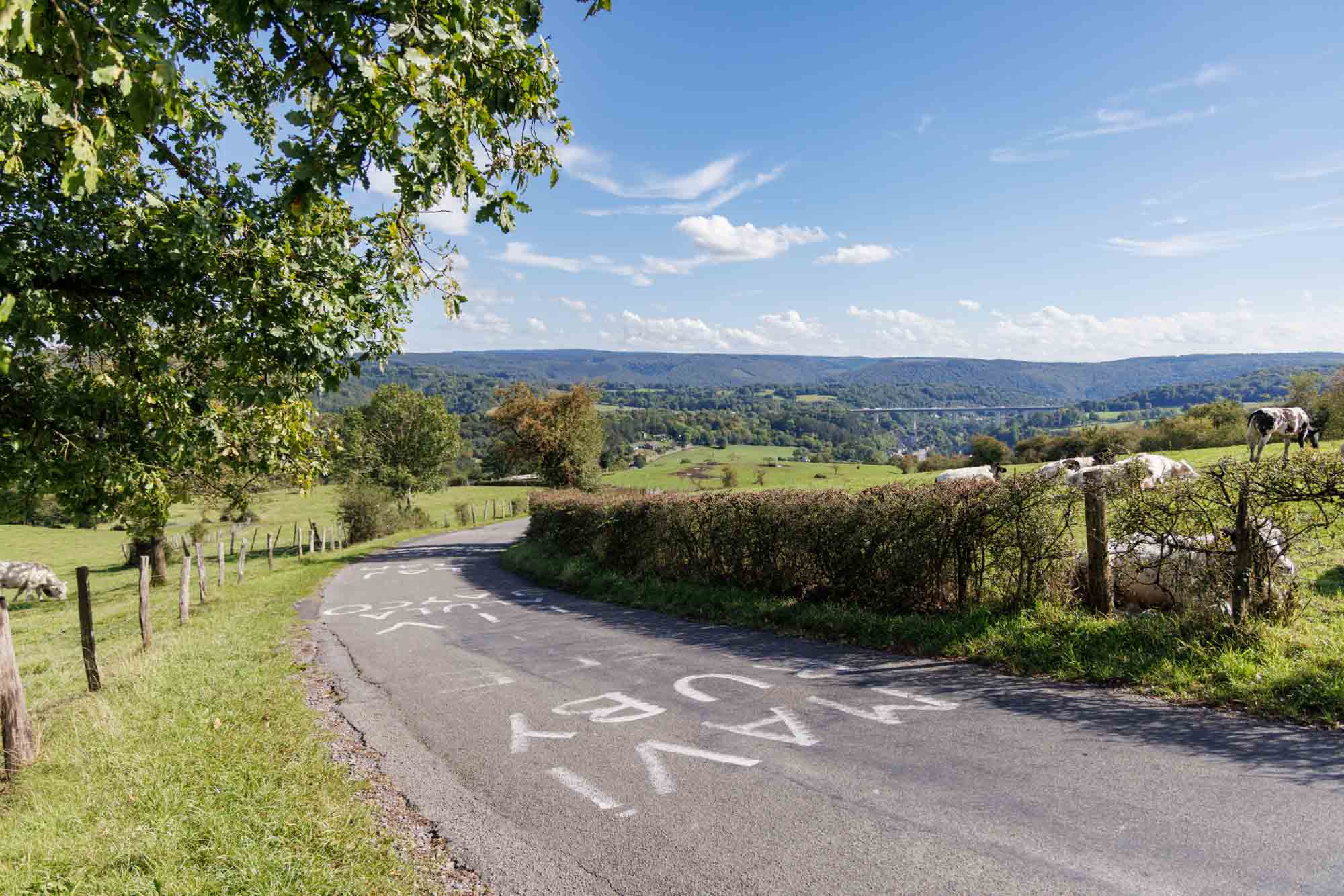 La Redoute met slingerende weg tussen weiden en vrij uitzicht op de vallei