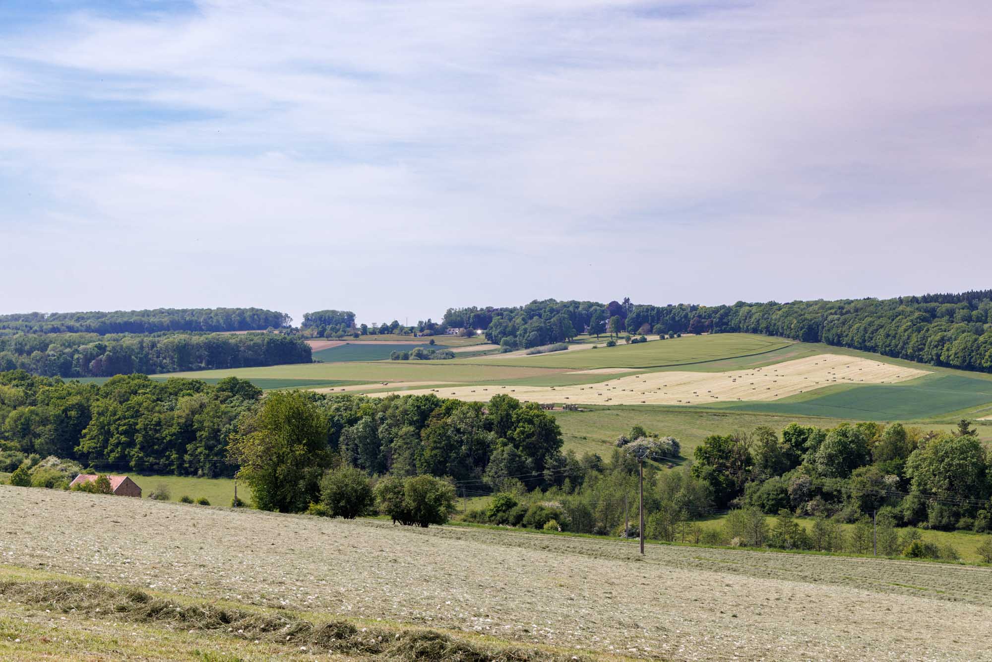 Akkers en glooiende landbouwheuvels rond Ossogne in de Condroz.