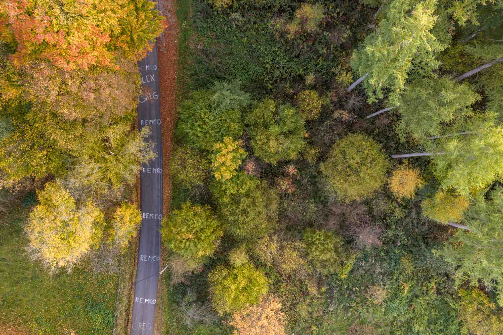 Côte du Stockeu vanuit de lucht met smalle weg en herfstkleurige bomen