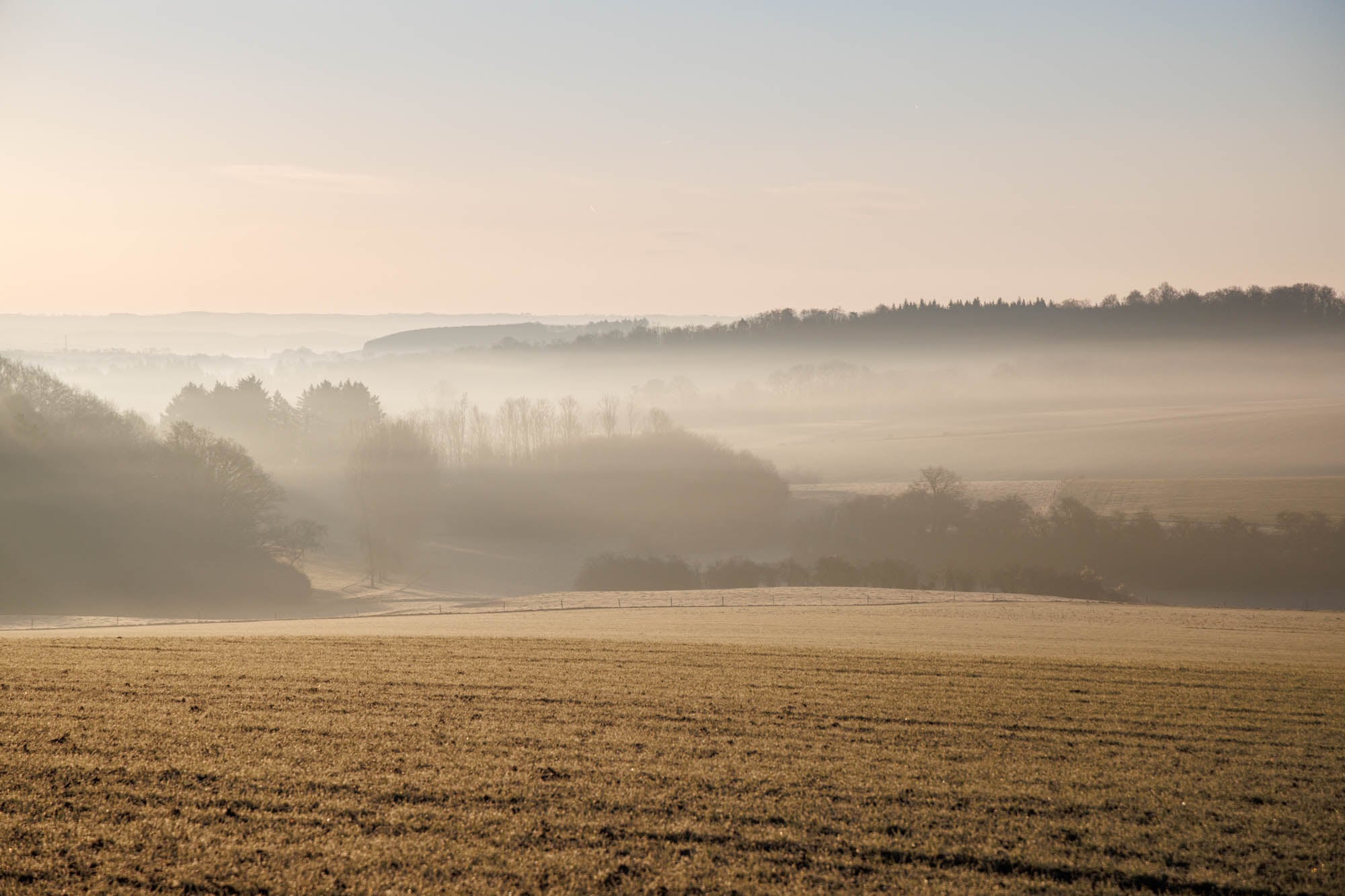 Landschap van Pair bij zonsopgang met mist over velden en heuvels van de Condroz