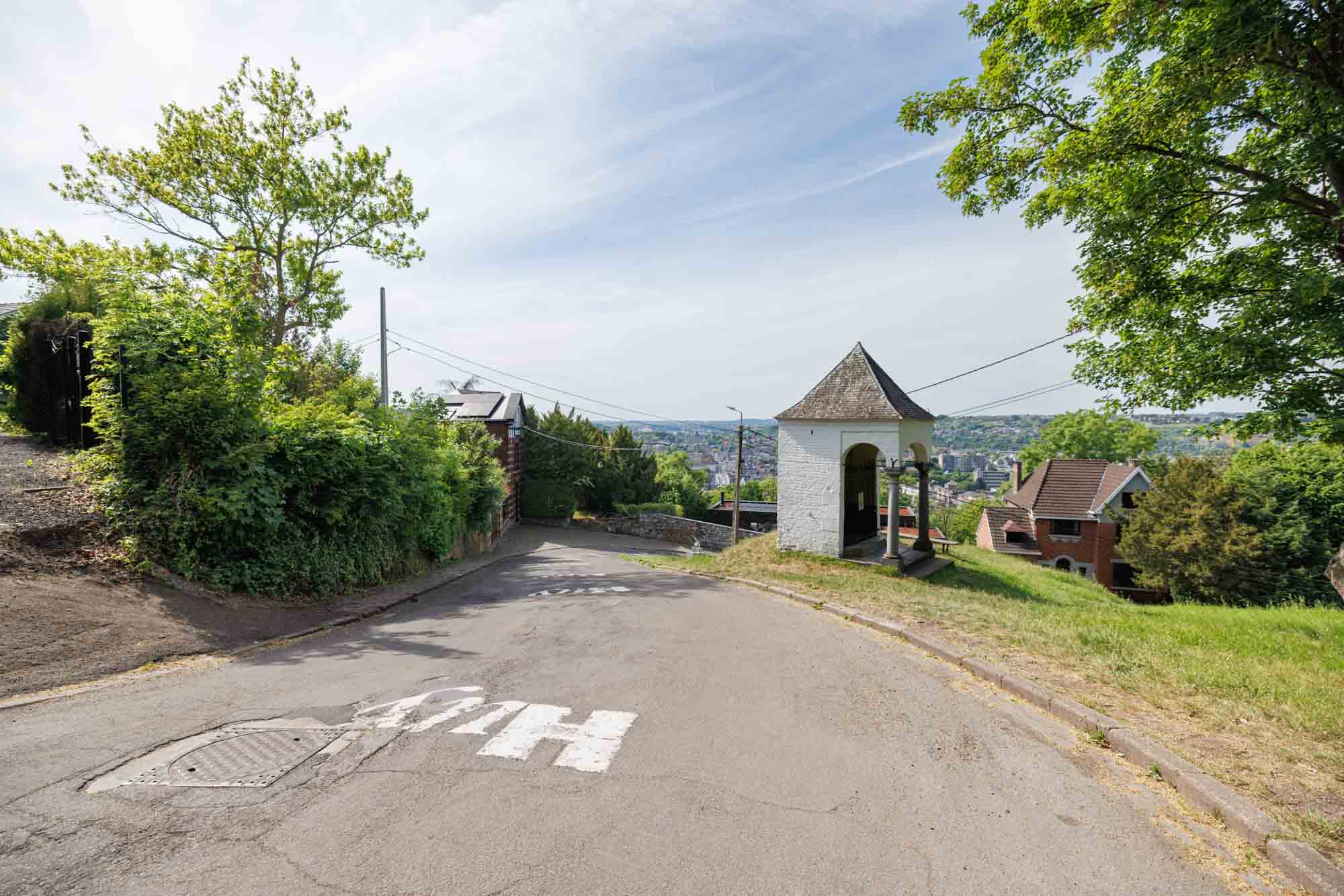 Zicht op de Muur van Hoei in de lente, met zijn kenmerkende helling tussen huizen en groen.