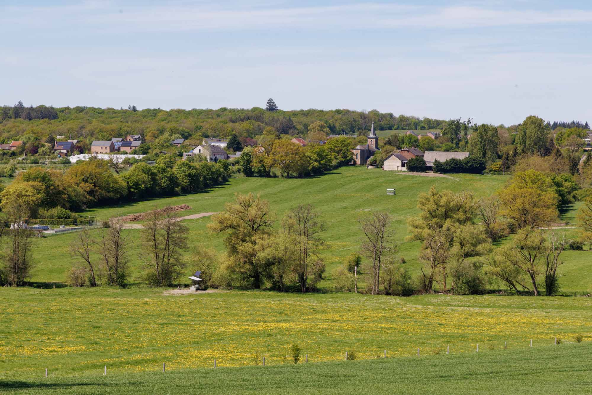 Panoramisch zicht op het dorp Havrenne tussen weiden en bossen in de lente.