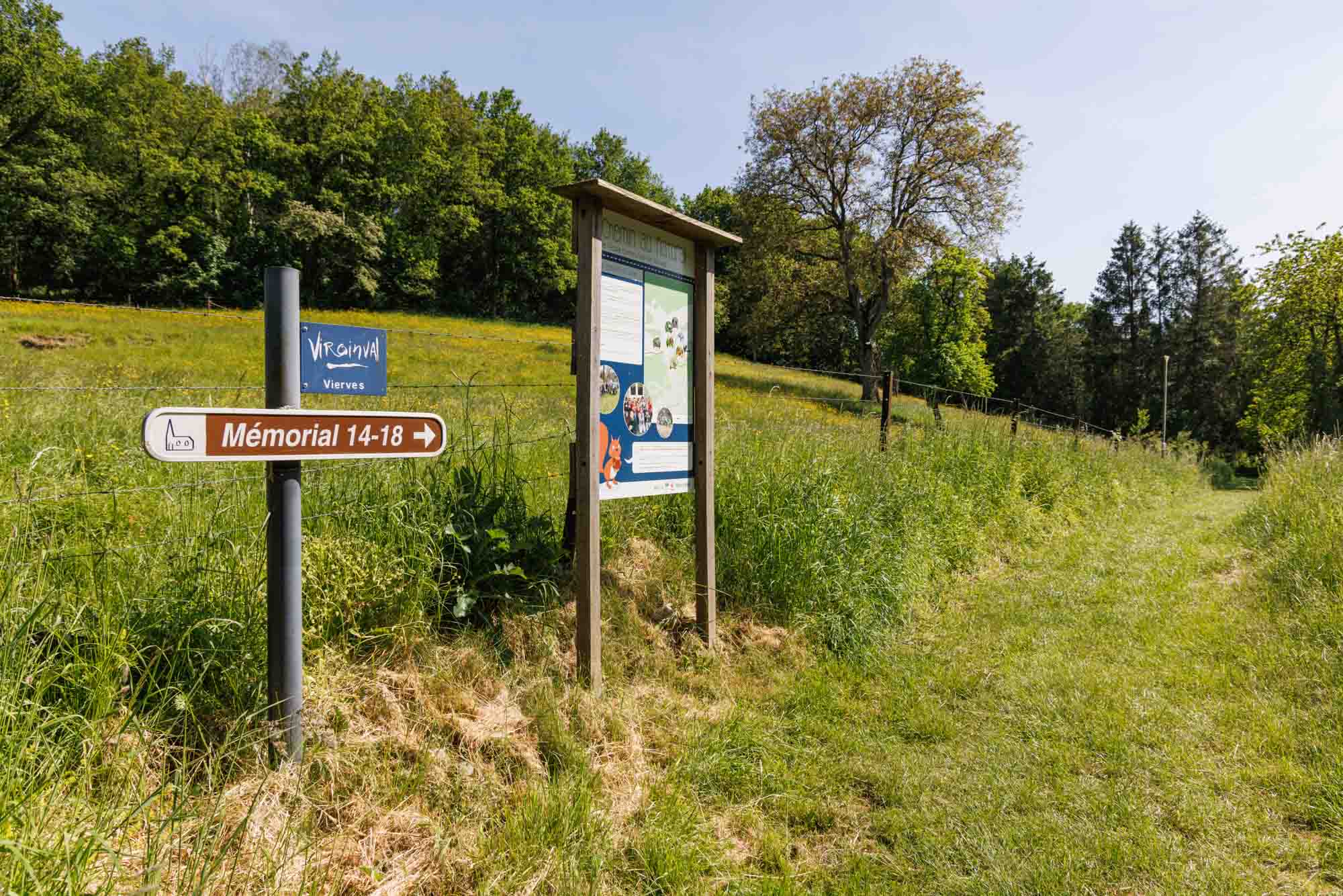 Informatie- en bewegwijzeringspaneel langs een groen wandelpad in Viroinval, aan de rand van een weide.